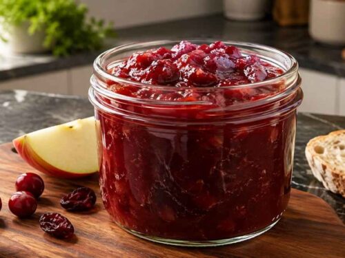 Apfel-Cranberry-Chutney in drei Schraubgläsern, frisch gekocht