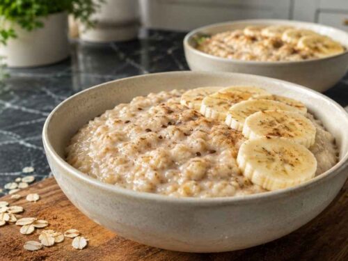 Dschungel Porridge mit Bananenscheiben und Zimt in zwei Schüsseln auf dem Frühstückstisch