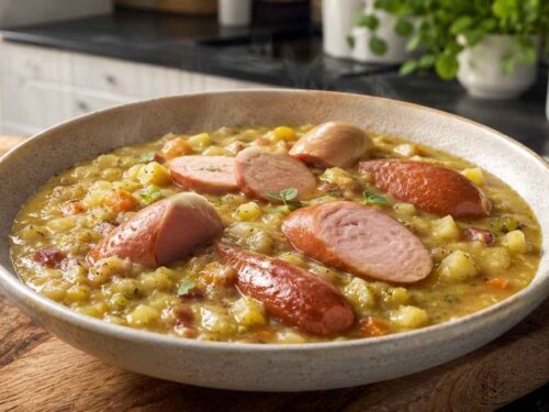 Erbsensuppe mit Würstchen Erbsensuppe mit Würstchen in einem großen Suppentopf mit Speck, Gemüse und Mettenden