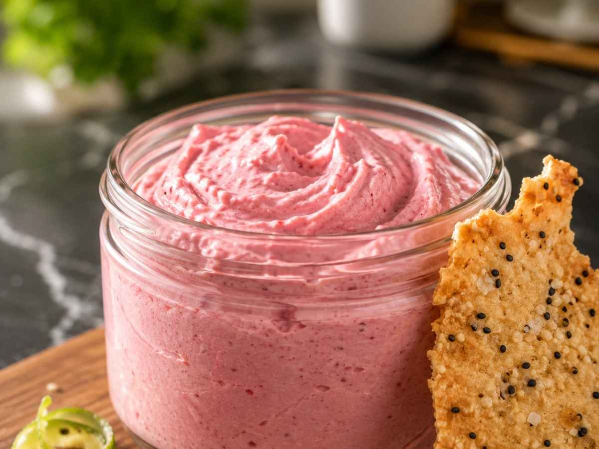 Erdbeer-Dip mit Sesam-Crackern 2 Cremige Textur des Erdbeer-Dips mit sichtbaren Erdbeerstücken