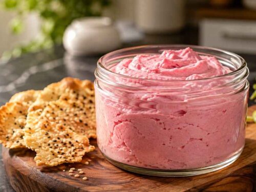 Erdbeer-Dip mit Sesam-Crackern in Schälchen, umgeben von Gemüsesticks
