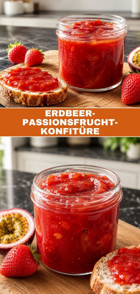 Pinterest-Pin für fruchtige Erdbeer-Passionsfrucht-Konfitüre, fertig in 42 Minuten