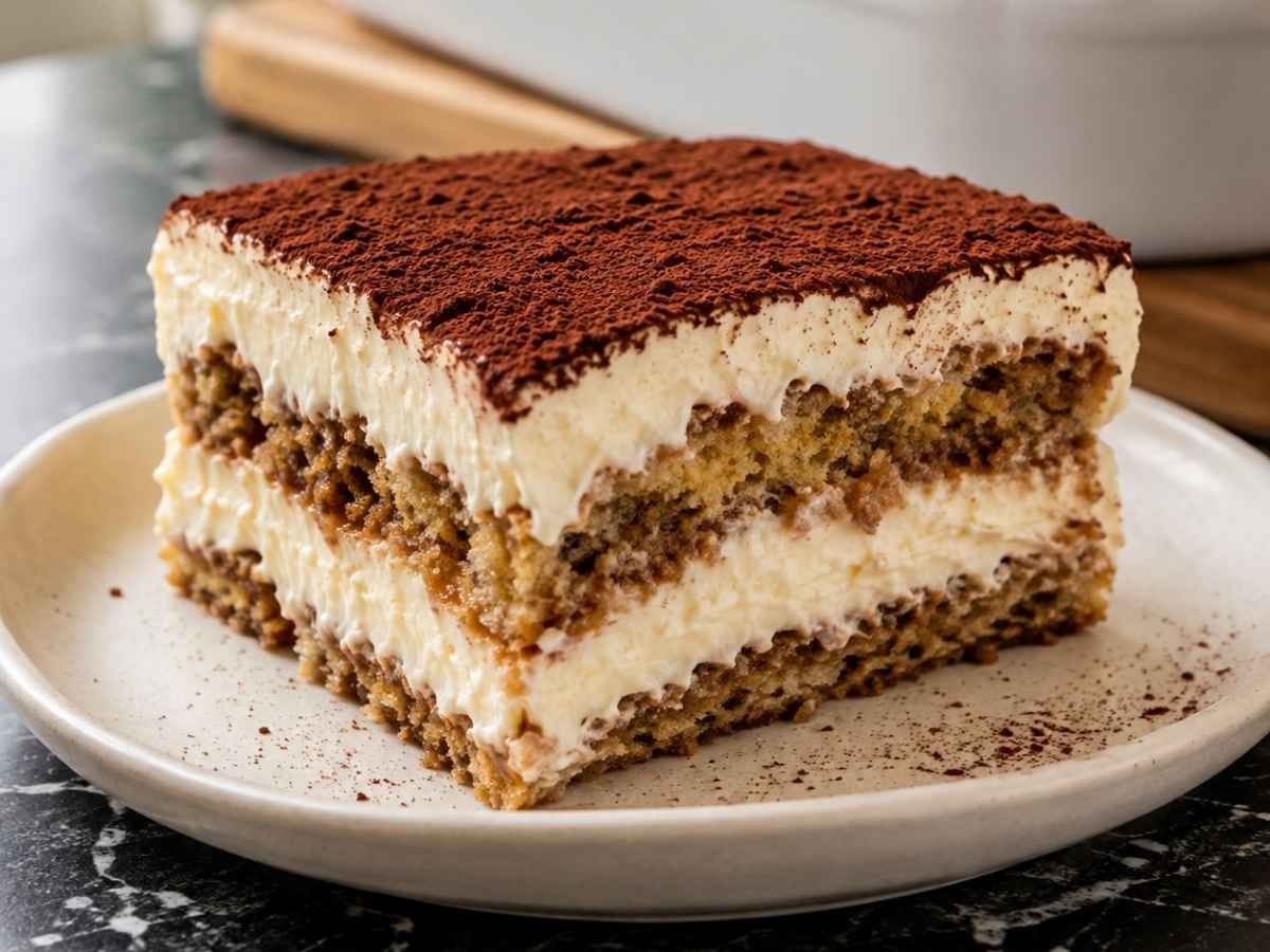 Nahaufnahme von Espresso-Mandel-Veganisu mit sichtbaren Cremeschichten und Mandelboden