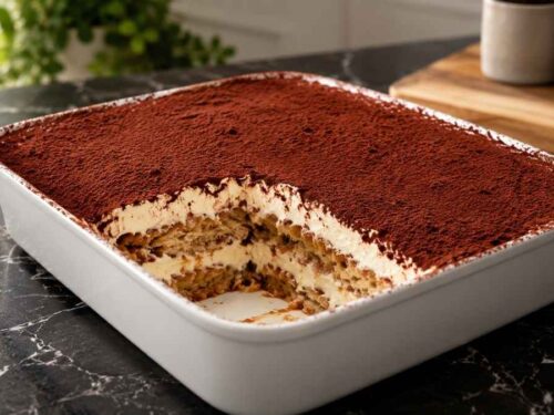 Espresso-Mandel-Veganisu, veganes Tiramisu mit Mandelboden und Kakaopulver bestäubt