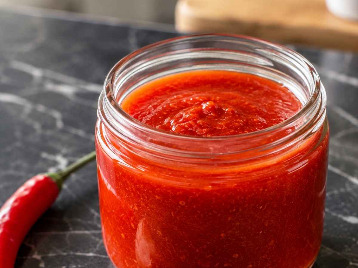 Nahaufnahme der scharfen, fermentierten Sriracha-Sauce mit sichtbarer Konsistenz