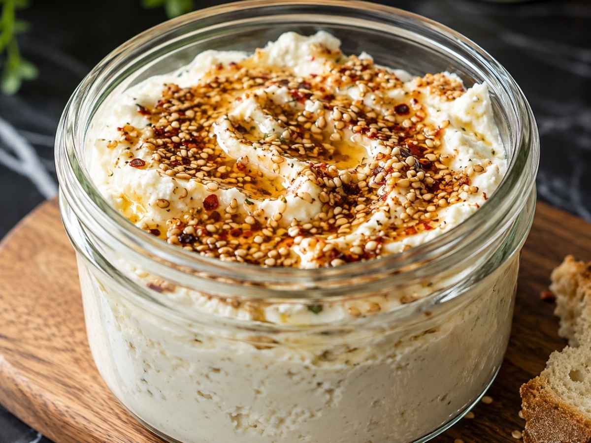 Nahaufnahme von cremiger Feta-Creme mit glänzendem Chili-Sesam-Honig und Zaatar-Streuseln