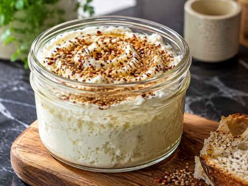 Feta-Creme mit Chili-Sesam-Honig in einer flachen Servierschüssel, umgeben von Fladenbrot und Gemüsesticks