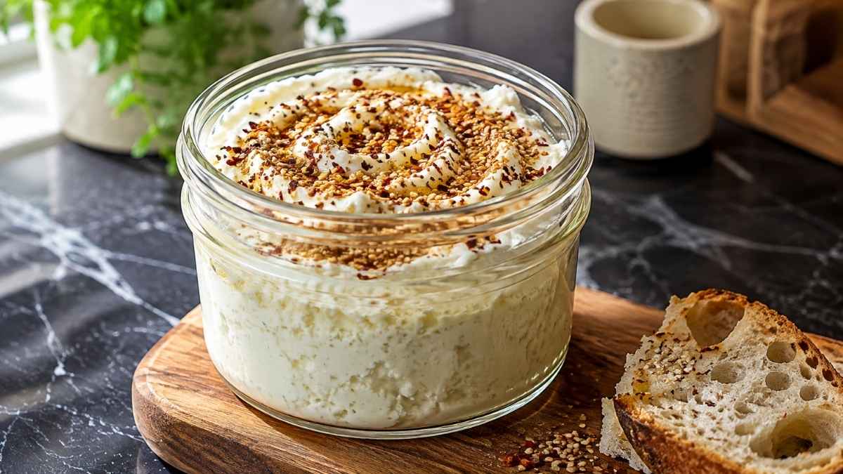 Feta-Creme mit Chili-Sesam-Honig in einer flachen Servierschüssel, umgeben von Fladenbrot und Gemüsesticks