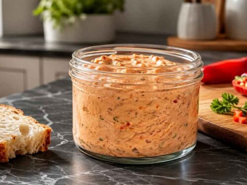 Cremige Feta-Creme mit roter Paprika in einer Schale, umgeben von warmem Fladenbrot
