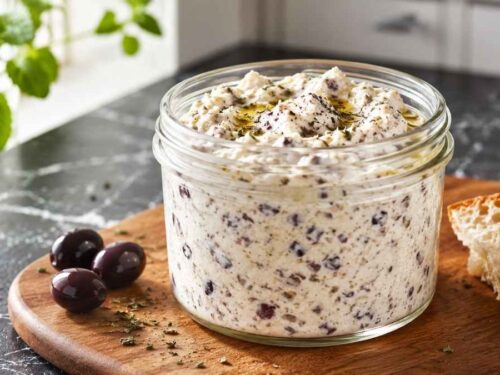 Feta-Oliven-Aufstrich Feta-Oliven-Aufstrich in einer Schüssel mit Minze bestreut und Olivenöl beträufelt