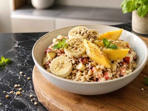 Cremiges Frischkorn-Müsli mit Apfelstückchen, Bananenscheiben und Mango in einem Glas auf dem Frühstückstisch