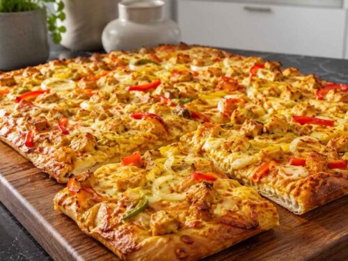 Tandoori-Pizza mit Hähnchen, Paprika und Zwiebeln frisch aus dem Ofen