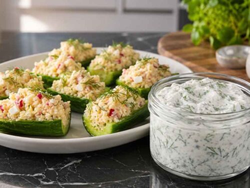 Platte mit gefüllten Gurken mit Dill-Dip, angerichtet für ein Partybuffet