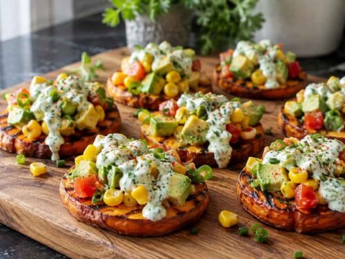Gegrillte Süßkartoffelscheiben mit veganem Avocado-Mais-Topping und Frischkäse-Sauce