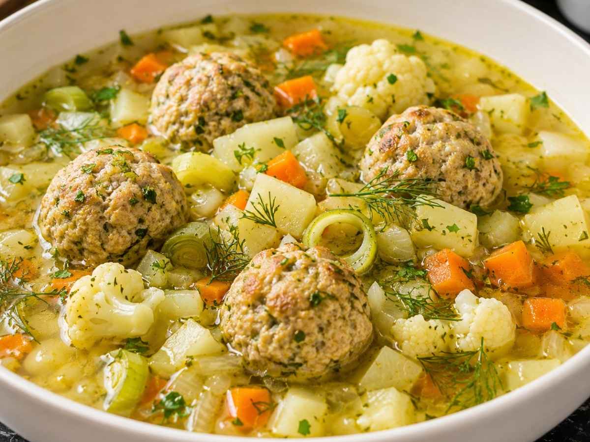 Nahaufnahme von Gemüse-Eintopf mit Bratwurstklößchen mit sichtbaren Möhren- und Kohlrabistücken
