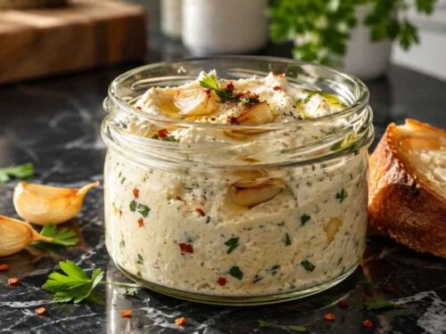 Gerösteter Knoblauch-Feta-Dip in Schale mit Baguette und Gemüsesticks