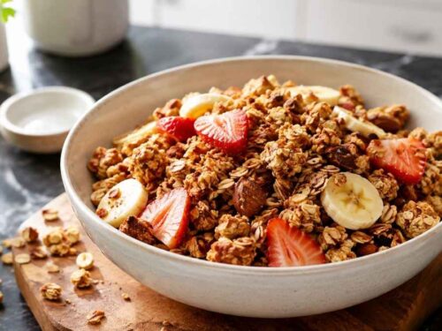 Glas mit selbstgemachtem knusprigem Granola aus Haferflocken und Nüssen
