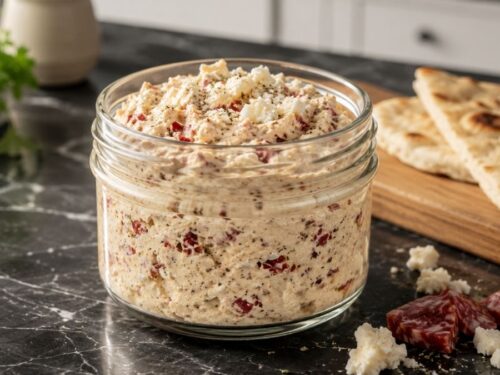 Cremiger griechischer Brotaufstrich mit Feta, Oliven und Salami, serviert mit warmem Fladenbrot