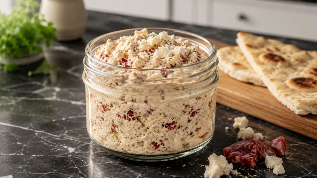 Cremiger griechischer Brotaufstrich mit Feta, Oliven und Salami, serviert mit warmem Fladenbrot