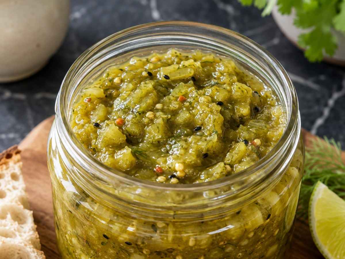 Nahaufnahme von grünem Burger-Relish mit sichtbaren Kräuter- und Paprikastückchen