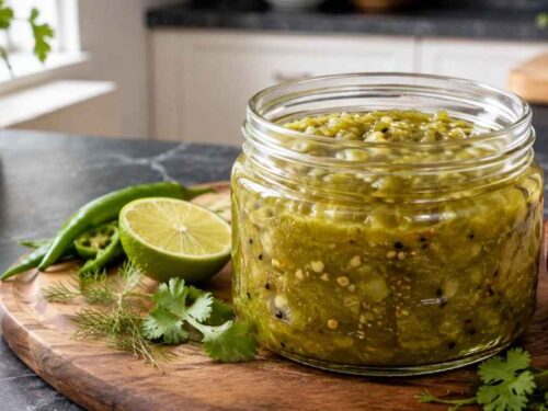 Grünes Burger-Relish in zwei Schraubgläsern neben frischem Grillgemüse