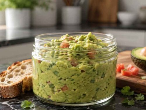 Selbstgemachte Guacamole mit Avocado, Tomate und Limette in einer Schüssel