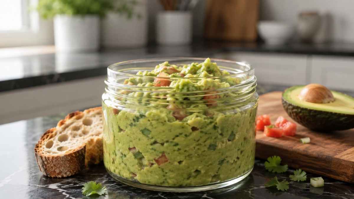 Selbstgemachte Guacamole mit Avocado, Tomate und Limette in einer Schüssel