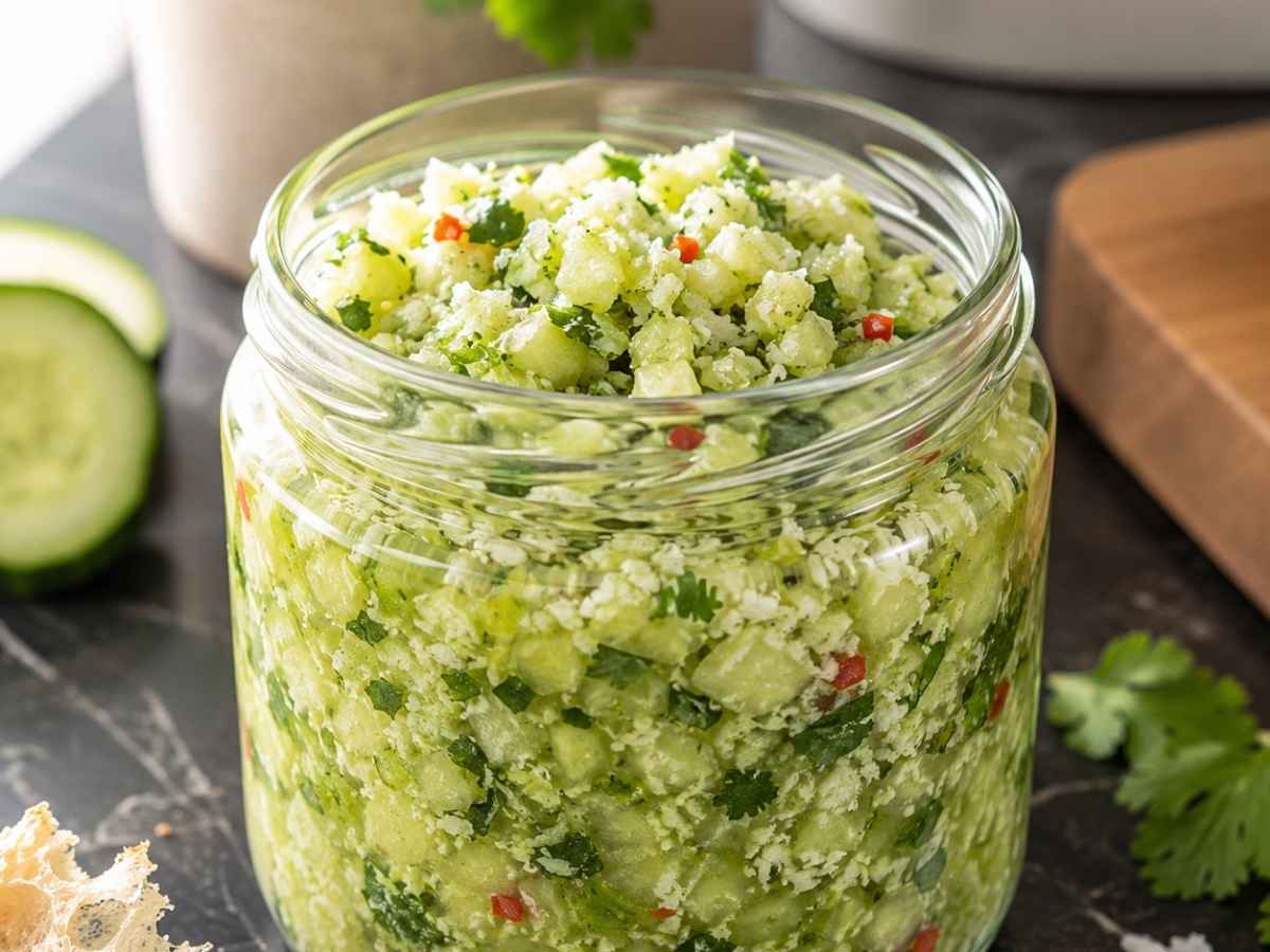 Nahaufnahme von Gurken-Kokos-Relish mit gerösteten Kokosraspeln und Koriander