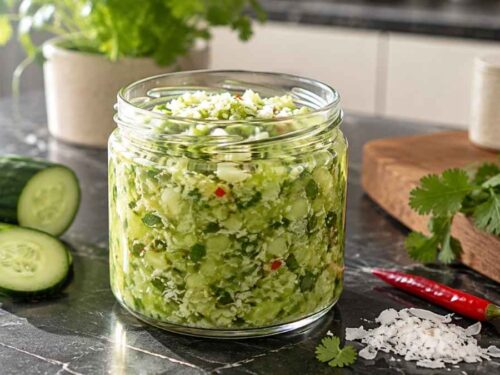 Gurken-Kokos-Relish in einer Schüssel, serviert neben Gegrilltem