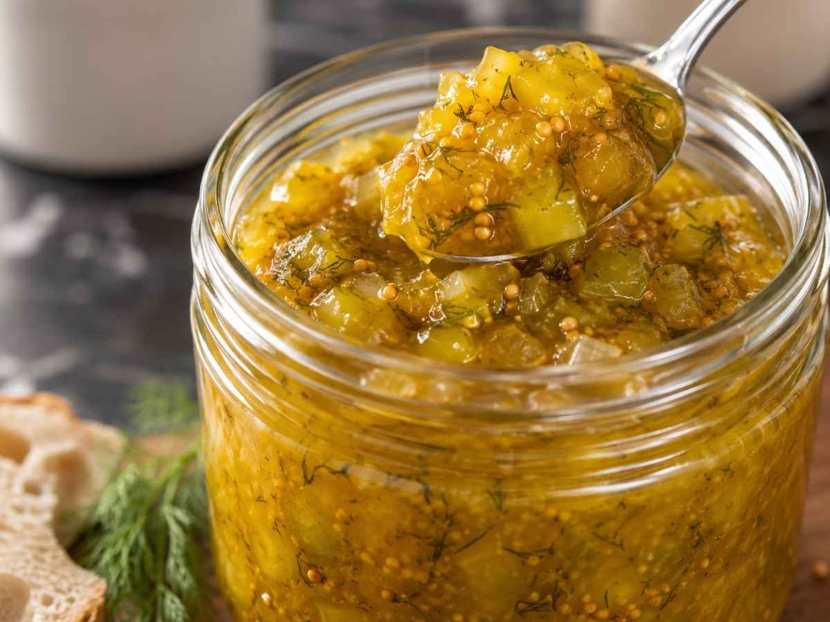 Nahaufnahme von würzigem Gurken-Relish mit sichtbaren Senfkörnern und Dill im offenen Glas