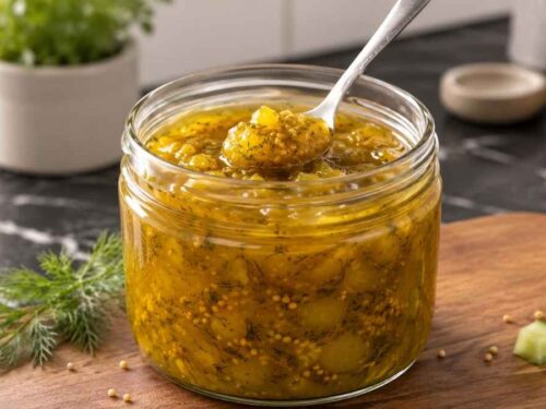 Selbstgemachtes Gurken-Relish in mehreren Schraubgläsern, aufgereiht auf einem Holztisch
