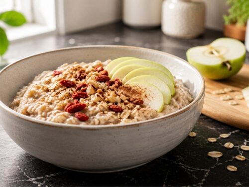 Cremiger Haferbrei mit Früchten und Zimt, angerichtet in einer Schüssel mit Apfel, Birne und gerösteten Haselnüssen