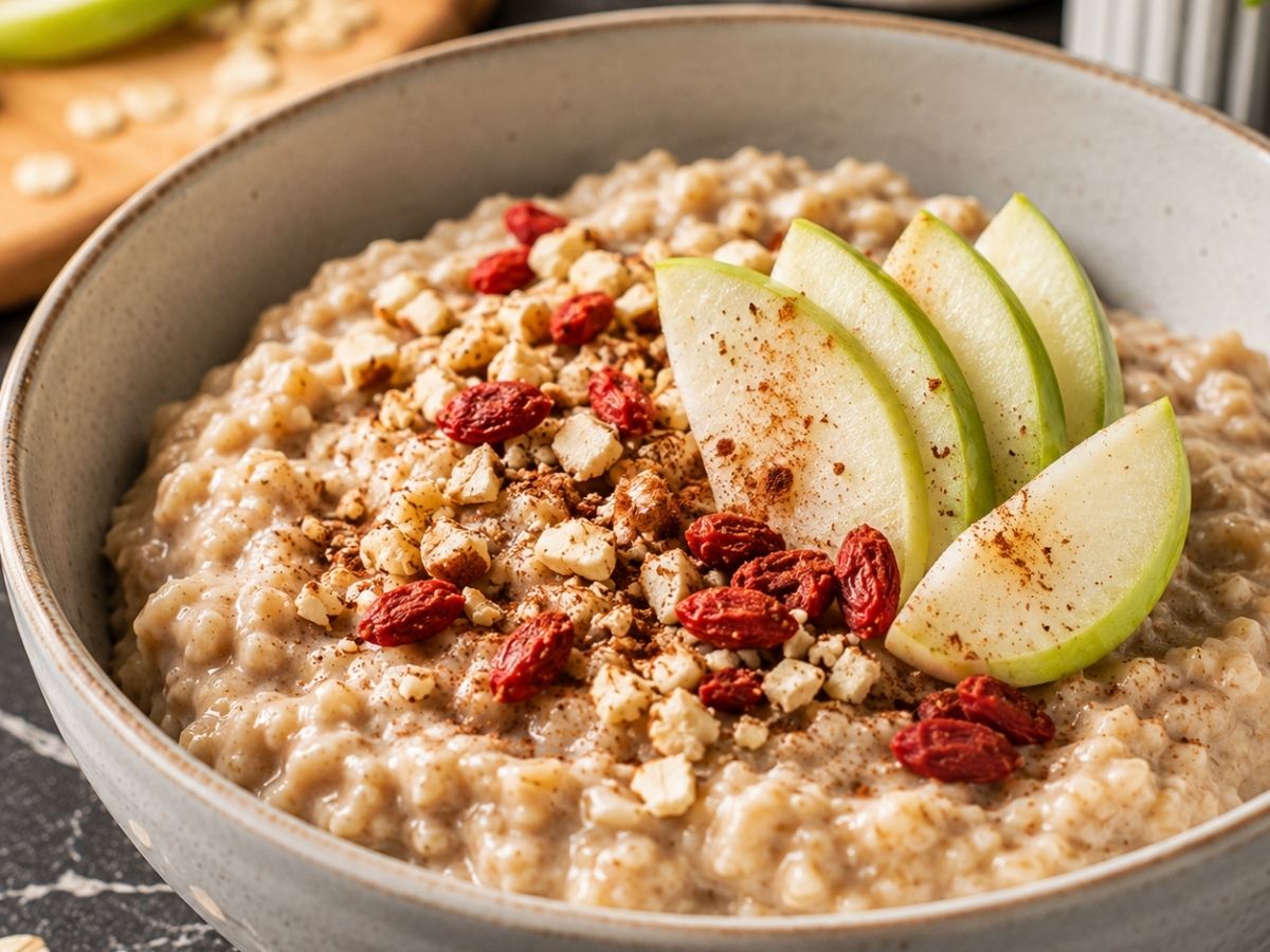 Cremiger Haferbrei mit Früchten und Zimt, angerichtet in einer Schüssel mit Apfel, Birne und gerösteten Haselnüssen