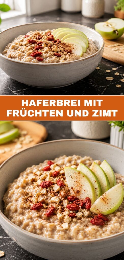 Pinterest-Pin für veganen Haferbrei mit Früchten und Zimt, cremig und in 22 Minuten fertig