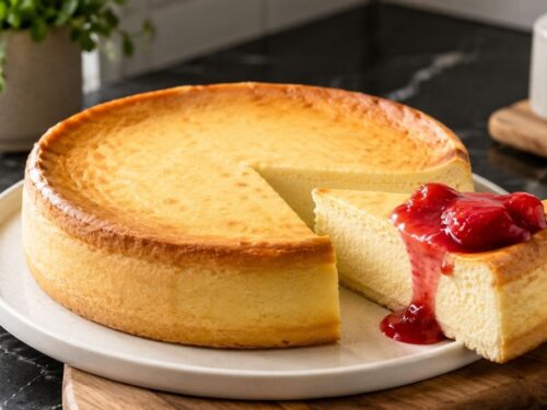Cremiger High Protein Cheesecake ohne Boden, angeschnitten auf einem weißen Teller serviert