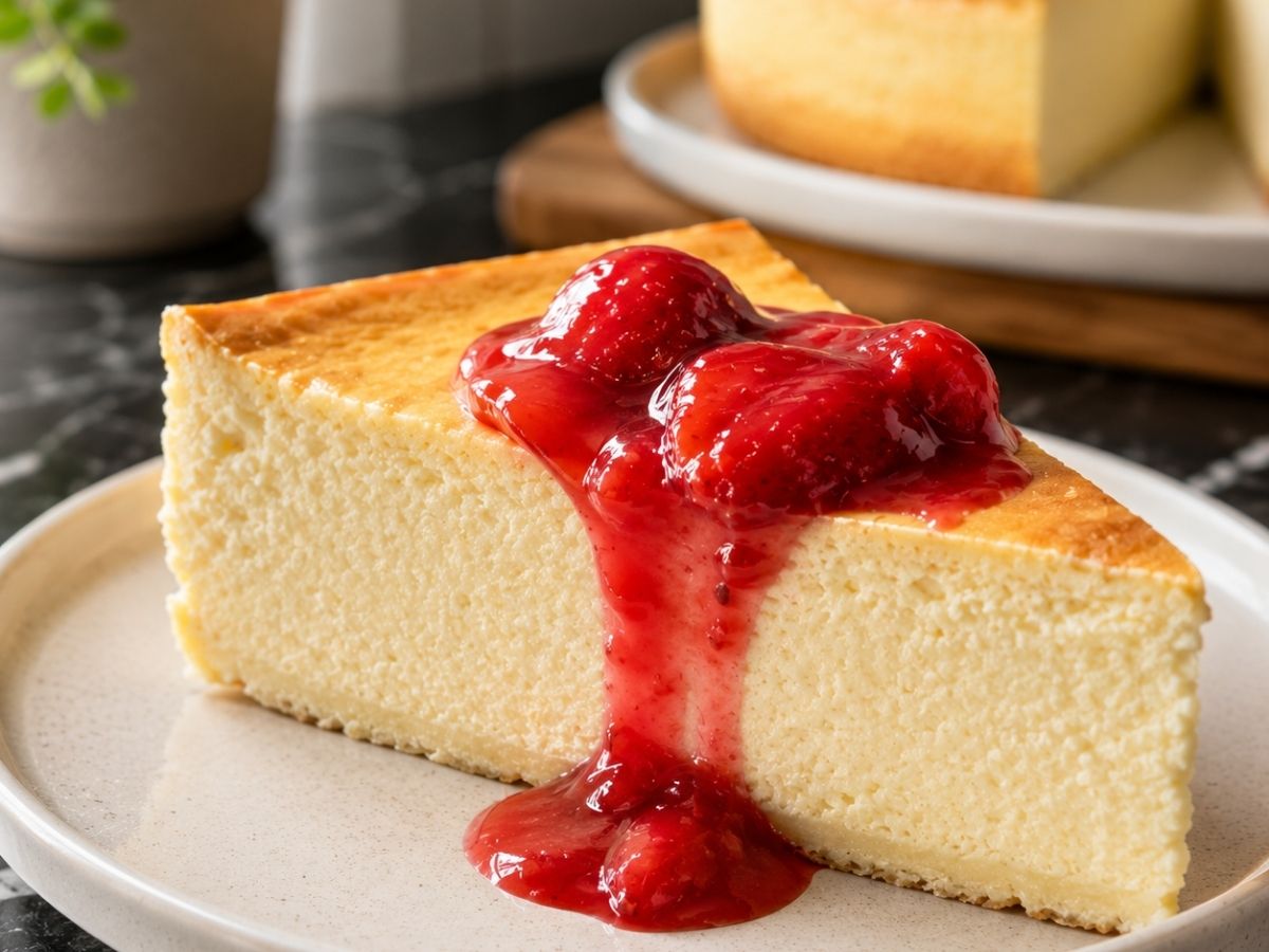 Cremiger High Protein Cheesecake ohne Boden, angeschnitten auf einem weißen Teller serviert