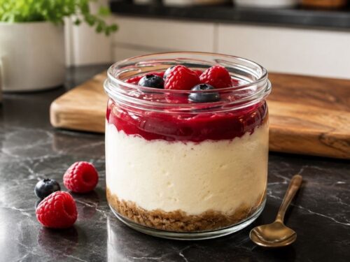 High Protein Cheesecake im Glas mit frischer Himbeersauce, angerichtet in einem hitzebeständigen Glas