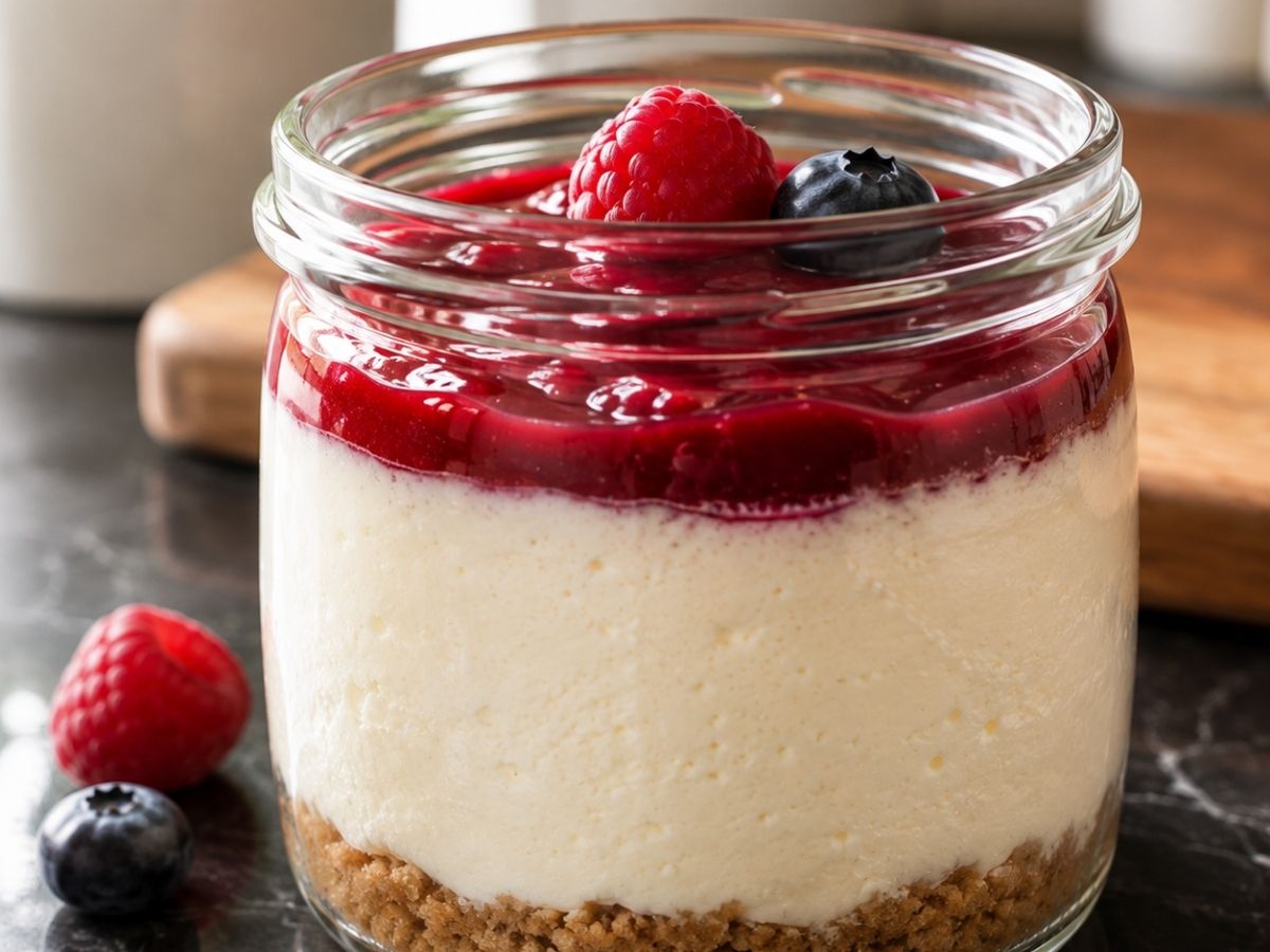 High Protein Cheesecake im Glas mit frischer Himbeersauce, angerichtet in einem hitzebeständigen Glas