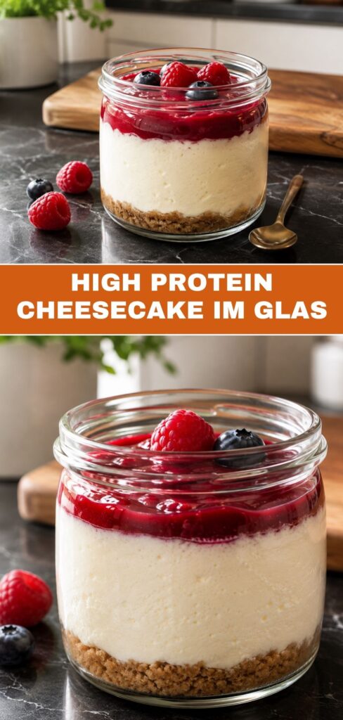 Pinterest-Pin für High Protein Cheesecake im Glas, cremig und proteinreich in 45 Minuten fertig