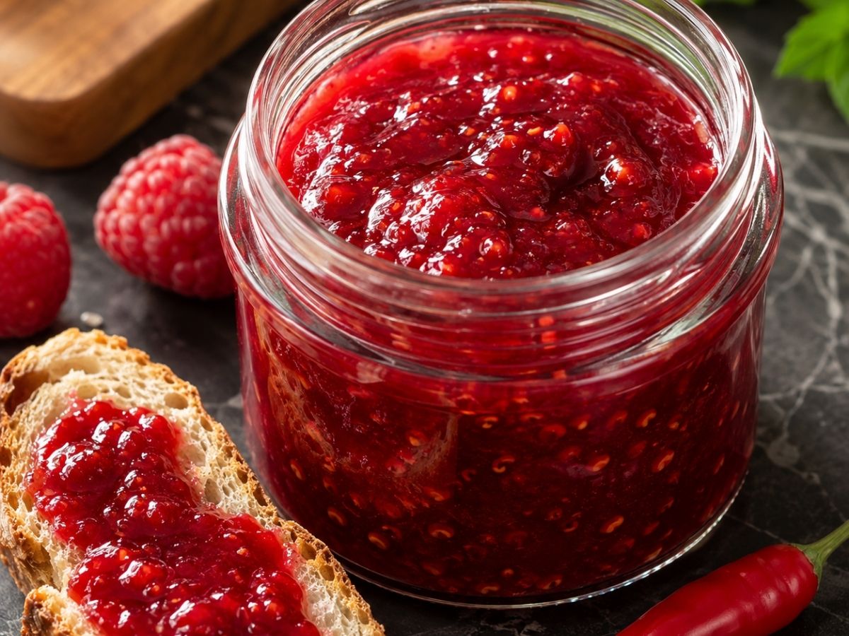 Selbstgemachte Himbeer-Chili-Konfitüre im Schraubglas, fruchtig süß mit feiner Schärfe