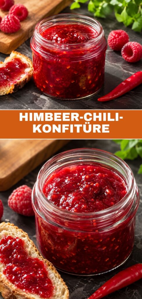 Pinterest-Pin für vegane Himbeer-Chili-Konfitüre, fruchtig süß mit Schärfe, in 25 Minuten fertig