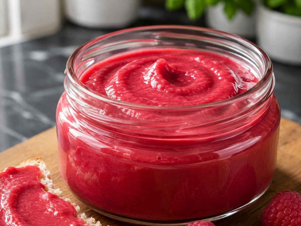 Nahaufnahme von cremigem Himbeer-Kokos-Aufstrich auf Weißbrot