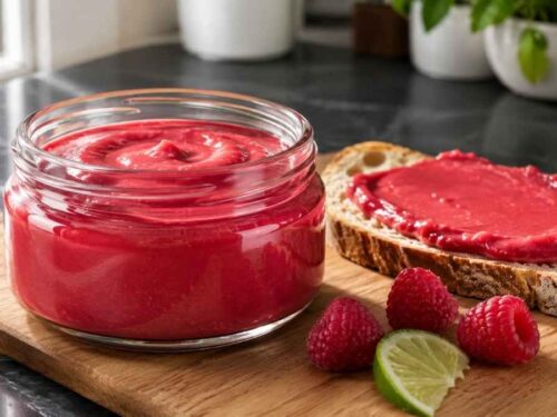 Himbeer-Kokos-Aufstrich im Glas neben Brot und Kaffeetasse