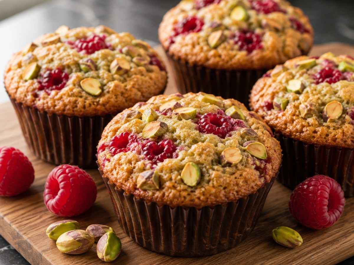 Himbeer-Pistazien-Muffins: einfach & Low Carb 2 Angeschnittener Himbeer-Pistazien-Muffin mit sichtbaren Himbeeren und gehackten Pistazien