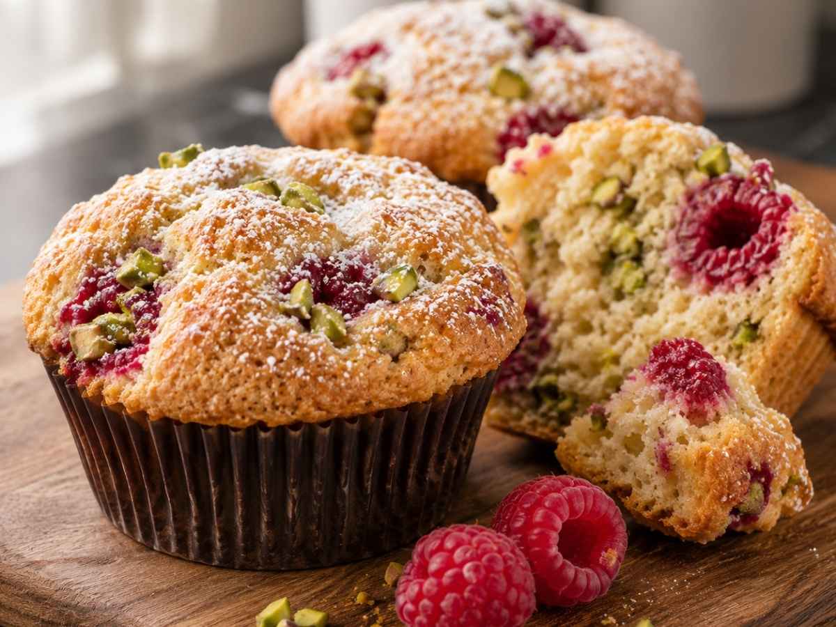 Angeschnittener Himbeer-Pistazien-Muffin mit sichtbaren Himbeeren und gehackten Pistazien