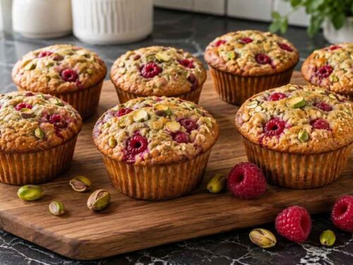 Himbeer-Pistazien-Muffins: einfach & Low Carb Frisch gebackene Himbeer-Pistazien-Muffins, low carb, auf einem Kuchengitter abkühlend