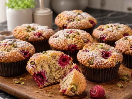 Frisch gebackene Himbeer-Pistazien-Muffins, low carb, auf einem Kuchengitter abkühlend