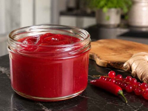 Selbstgemachter Johannisbeer-Ketchup in mehreren Schraubgläsern, bereit zum Servieren