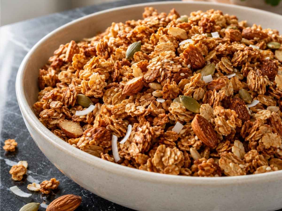 Nahaufnahme von knusprigen Kokos-Mandel-Granola-Klumpen mit Kernen und Kokosraspeln