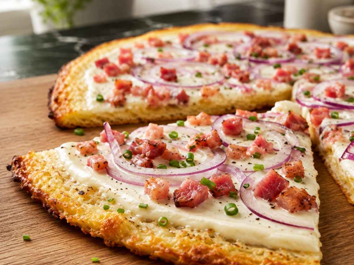 Nahaufnahme von Low Carb Flammkuchen mit knusprigem Rand, Schmand, Zwiebeln und Schnittlauch